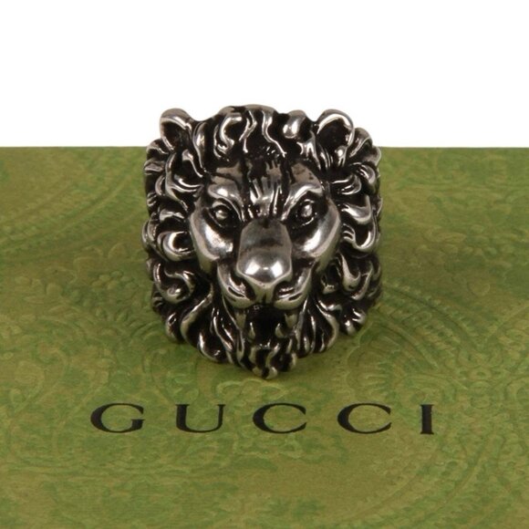 NEW GUCCI Ring Lion Silver Palladio Black Sz 19 IT 8.75 US 100% Authentic - Picture 1 of 7